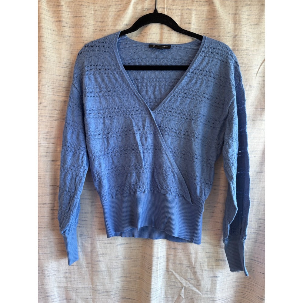 INC International Concepts Blue Pointelle Knit Surplice Wrap Sweater Small